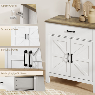 Буфет-шафа для вітальні/кухні в сільському стилі з розсувними дверцятами та регульованими полицями, білий колір