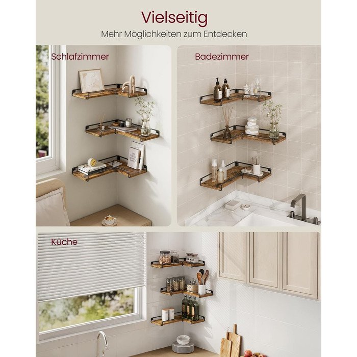 Набір кутових настінних полиць VASAGLE L-подібні, індустріальний стиль, для вітальні, спальні та кухні, вінтажний коричневий та чорний, 3 шт. (LLS831B01)