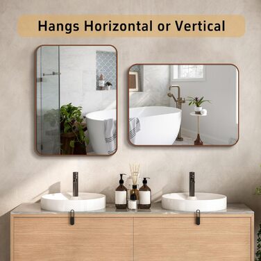 Дзеркало для ванної кімнати на стіну з круглим кутом та коричневим металевим каркасом, 76.2 x 50.8 см, бронза, для ванної, передпокою, вітальні, спальні