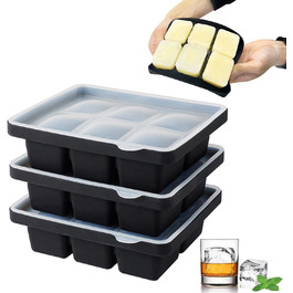 Форма для кубиків льоду Theuwnee 3 шт., силіконова ємність для кубиків льоду XL з кришкою, штабельована і придатна для миття в посудомийній машині,для пива,вина, віскі, коктейлів і дитячих закусок, не містить бісфенолу А (чорний * 3)