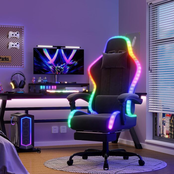 Ігровий крісло JUMMICO з тканини та LED підсвічуванням, ергономічний офісний стілець з масажем попереку та підставкою для ніг, регулювання 90°-135°, максимальне навантаження 150 кг, темно-сірий колір