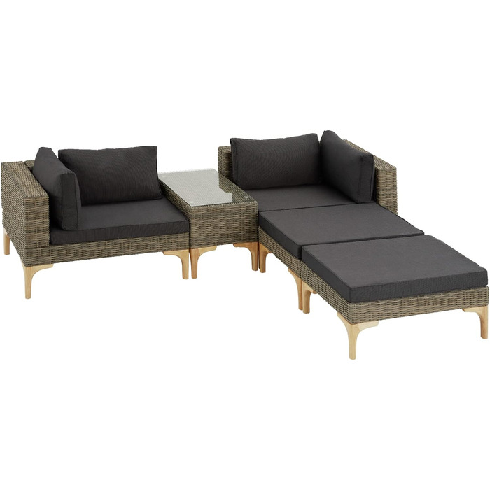 Тектейк® Набір садово-розкладних меблів з ротангу Outdoor Lounge на 5 місць, з кутовим кріслом, пуфом, столиком, комплект для відпочинку, з подушками для сидіння та спинки (Натуральний)