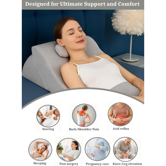 Подушка для спини Lesekissen з регульованою підголівником, з піною з пам'яті, знімний чохол, дихаюча та неслизька, ручка – трикутна для спини, шиї та ніг, 60 x 50 x 30 см