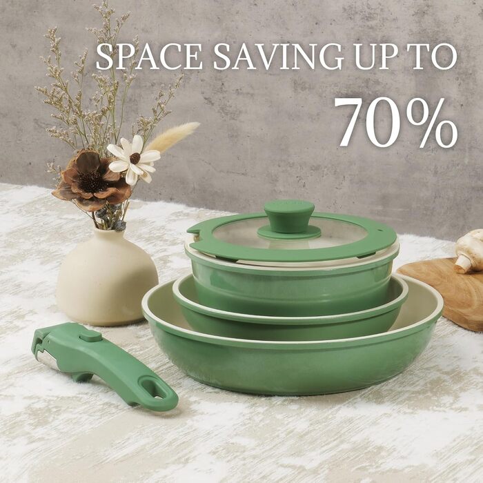 Набір каструль та сковорідок з керамічним покриттям 8 предметів з знімними ручками, сумісний з індукцією, придатний для духовки та миття в посудомийній машині, без PFAS/PFOA, кремово-білий