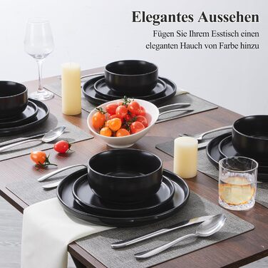 Набір посуду Joyfair на 6 осіб, 18 предметів, кераміка, чорний (Abyssal Schwarz). Тарілки обідні, десертні, миски для сніданку. Стійкий до подряпин, для мікрохвильовки та посудомийної машини