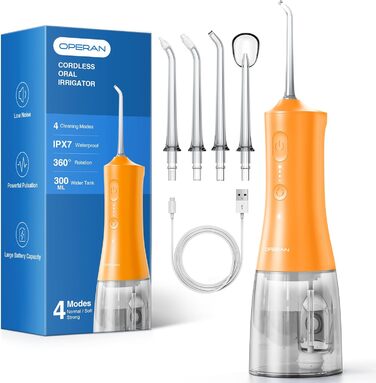 Портативна електрична ірригатор для ротової порожнини Operan Munddusche - 300 мл, 4 насадки (Оранжевий)
