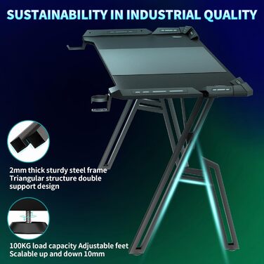 Ігровий стіл 120x60 см з підсвіткою LED, A-frame, з тримачем для напоїв та гачком для навушників, карбонове покриття, ергономічний для дому та офісу