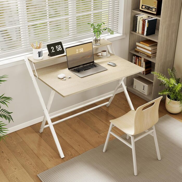Злагоджений стіл Yaheetech Klappbar, 80 см, комп'ютерний стіл з полицею, двоступінчастий робочий стіл з підставкою для монітора, стіл для ноутбука для домашнього офісу/маленьких кімнат/вітальні, білий/80 см Д × 50 см Ш, білий (світлий колір дерева, 106.5x