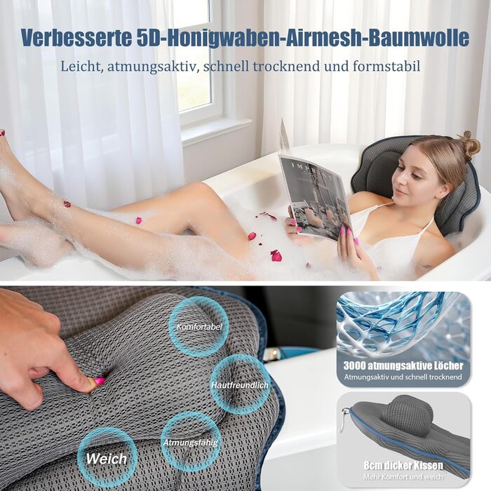 Подушка для ванни на все тіло з підтримкою шиї, плечей та попереку. Подушка для ванни з повітряної сітки 5D для жінок, сірого кольору.