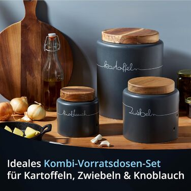 Набір для зберігання картоплі, цибулі та часнику KHG, 3 шт., кераміка, бамбукові кришки, сірий антрацит, об'єм 3 л та 1,5 л