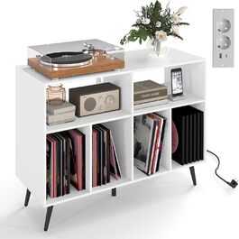 Підставка для програвача COSTWAY з зарядною станцією, тумба для програвача з полицями для зберігання вінілу, стіл для зберігання платівок з 5 металевими ніжками, комод для вітальні, музичної кімнати (білий)