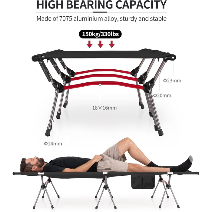 Польове ліжко Naturehike ультралегке складане, витримує до 150 кг, з регулюванням висоти, чорне — для кемпінгу, офісу та гостей