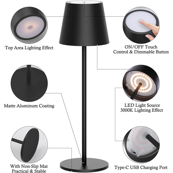 LED настільна лампа Klighten з регулюванням яскравості, акумуляторна, чорна, для дому та вулиці, USB-C, тепле світло 3000K, алюміній, IP54, вологостійка