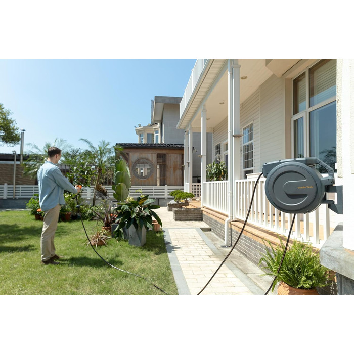 Спіральний шланг для поливу Giraffe Tools 35м + 2м з автоматичним підйомом, поворотний на 180°, з 7 насадками та під'єднувальним шлангом