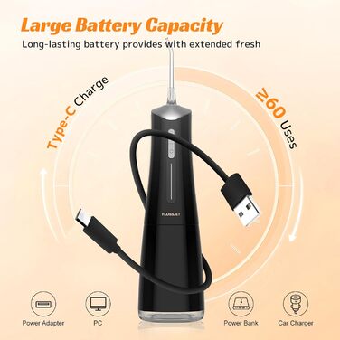 Бездротова електрична ірригатор для порожнини рота FlossJet з 4 режимами, 5 насадками, об'єм 300 мл, USB-C, чорний