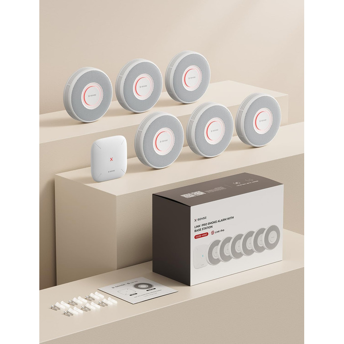 Датчик диму X-Sense з Wi-Fi, голосовим оповіщенням та 17 зонами, 6 шт. (з базовою станцією SBS50), білий