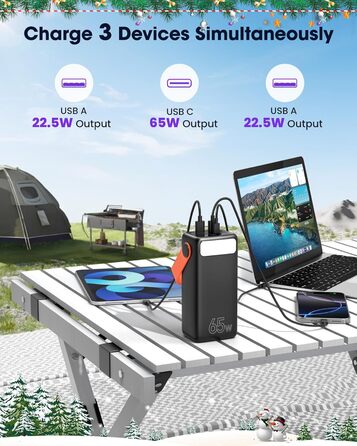Power Bank 60000mAh 65W з 3 виходами USB-C: портативний зарядний акумулятор для ноутбука, смартфона, планшета (чорний)