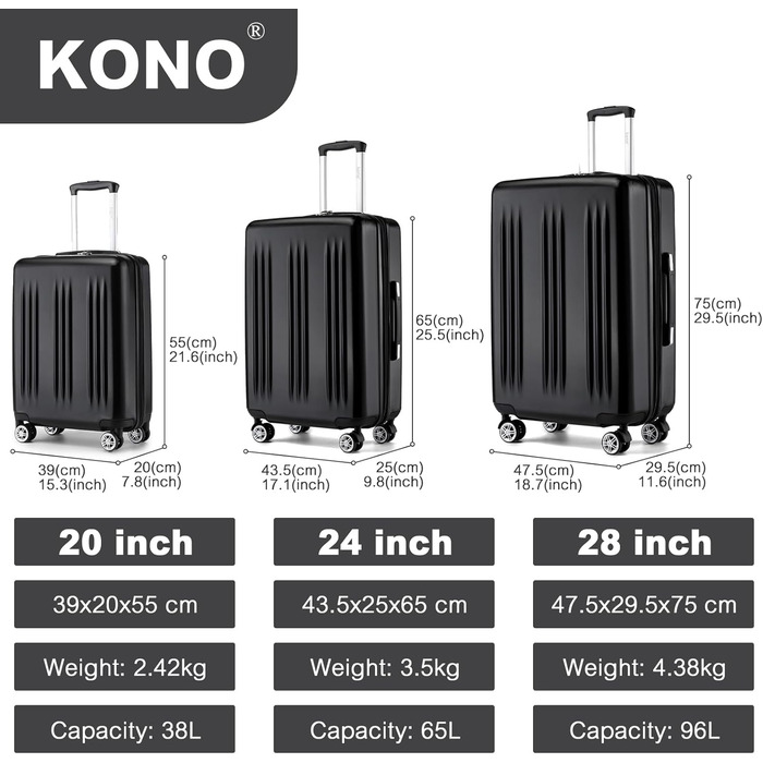 Чемодан KONO Handgepäck Trolley, 55x39x20 см, 37 л, з розширенням, TSA-замок, 4 колеса, чорний