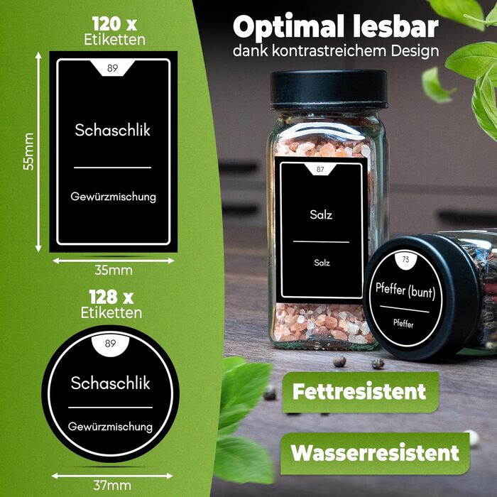 Набір банок для спецій, 24 шт, 125 мл, квадратні, з дозатором та етикетками, з нержавіючої сталі, чорний матовий