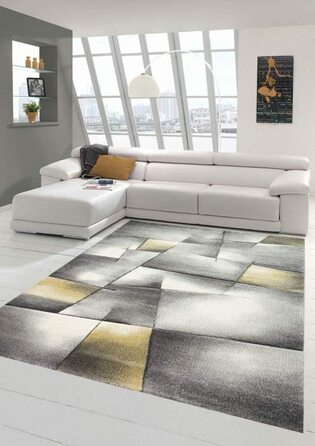 Килим-дизайнерський килим мрії, Сучасний килим, килим для вітальні, килим з коротким ворсом, з контурним вирізом, розмір в клітку (200 см, круглий, жовтий, сірий)