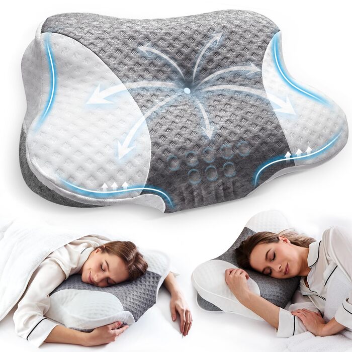 Ортопедична подушка для шиї з піною Memory Foam - ергономічна подушка для сну, що знімає біль у шиї, регульована подушка для тих, хто спить на боці з дихаючим чохлом для комфортного сну (Сірий Білий, 40 x 60 см)