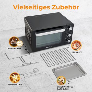Міні-піч Klamer з конвекцією (30 літрів), 6 режимів випікання, 70-230°C, таймер 120 хв, з поворотним шампуром, грати для гриля, дека для крихт, 1500 Вт, піца Ø30см, чорний