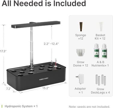 SUNCOZE Гідропонна система вирощування, набір для вирощування трав в приміщенні з LED-лампою, Smart Garden на 12 касет, 4L резервуар для води, регульована висота, тиха інтелектуальна помпа, для дому, кухні, чорний