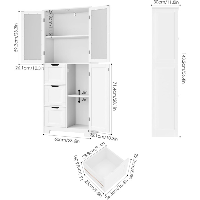 Тумба для ванної кімнати, 3 дверцята та 3 шухляди, білий, 143.2x60x30см, сучасний стиль