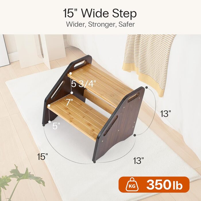 Сходинка StrongTek з бамбука для дітей та дорослих, 38 см, антиковзні сходинки, 160 кг, портативна дерев'яна сходинка з бічними ручками для ванної та кухні
