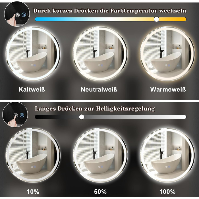 Дзеркало для ванної кімнати Mursche з підсвічуванням LED, 50x70 см, IP44, з сенсорним вимикачем та функцією запобігання запотіванню, регулювання яскравості 3000K-6500K