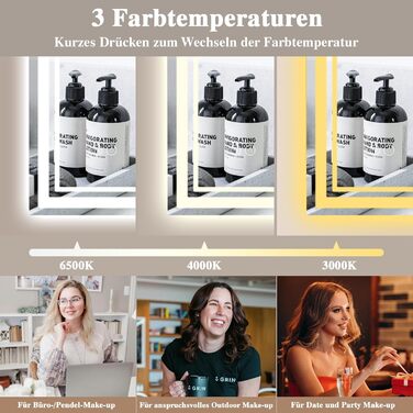 Дзеркало для ванної кімнати з підсвічуванням Badspiegel 50x70см LED, антизапар, сенсорне керування, регулювання яскравості, 3 кольори світла, настінне, горизонтальне/вертикальне