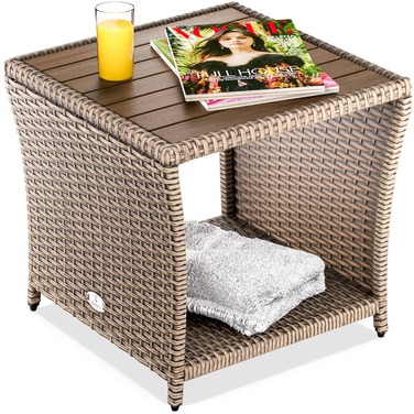 Розкладний столик з ротангу Polyrattan кремового кольору 40x45x45 см з акацієвим деревом