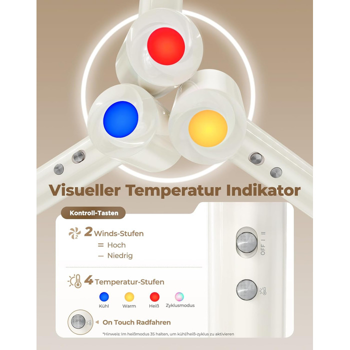 Іонний фен для волосся з дифузором, швидке сушіння 150 000 об/хв, 500 млн негативних іонів, 8 температурних режимів з LED-дисплеєм, для кучерявого та густого волосся, бежевий