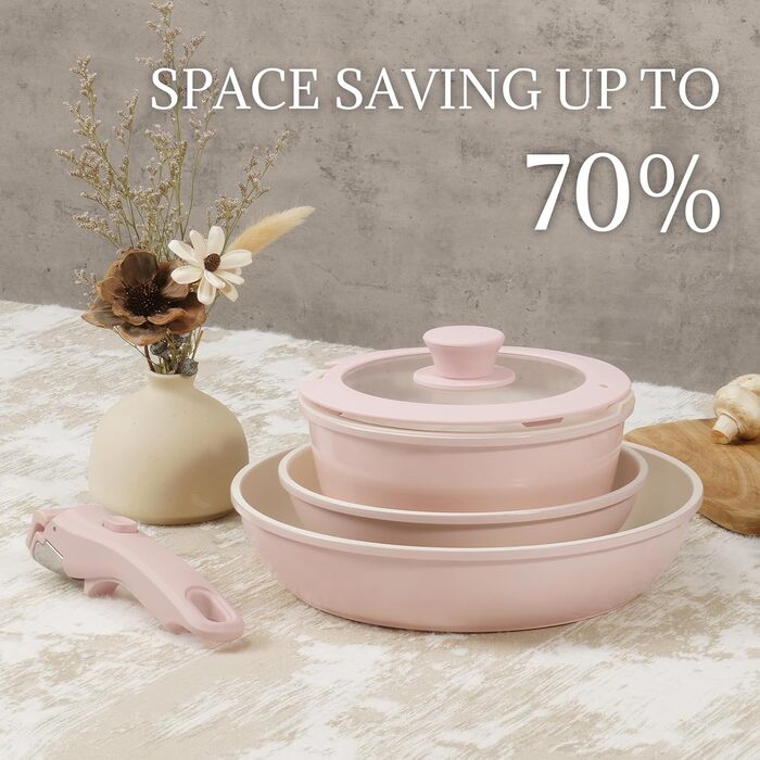 Набір каструль та сковорідок 23 частини з антипригарним покриттям. Підходить для всіх типів плит, духовка, без PFAS, PTFE, PFOA. Кремово-білий (8 предметів рожевий)