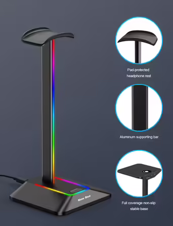 Підставка для навушників New Bee з RGB підсвіткою, USB Type-C зарядкою та передачею даних, універсальний тримач для геймерських навушників, чорний