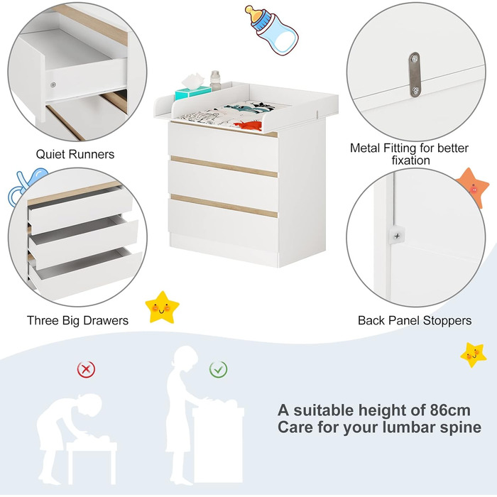 Комод для переодягання з пеленальним столиком WOLTU, 3 шухляди, білий+дуб, захист від перекидання, 86 см