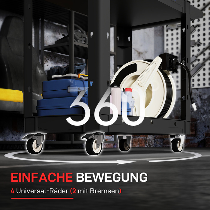 Набір інструментів на коліщатках з двома ящиками, ручка, колеса, пластик, чорний