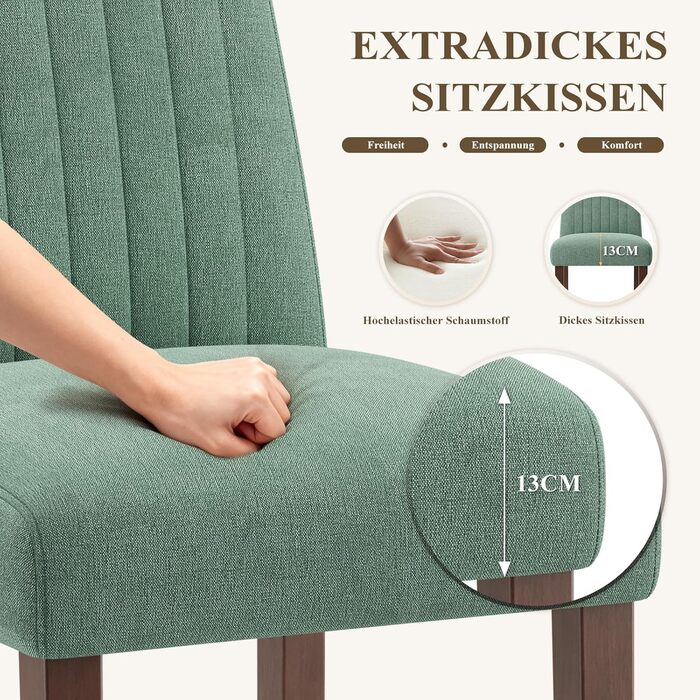 COLAMY Комплект обідніх стільців для кухні та їдальні (6 шт), зелені, з м'яким сидінням та спинкою, дерев'яні ніжки