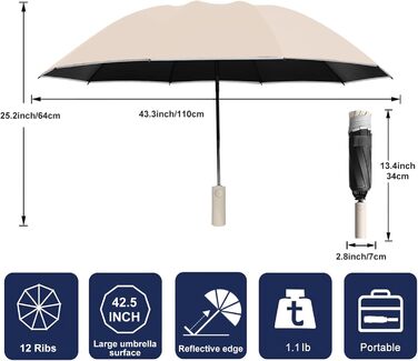 Автоматична парасолька KunpengZen Stormproof Stormproof, 12 ребер, складна, світловідбиваюча, водонепроникна (біла)