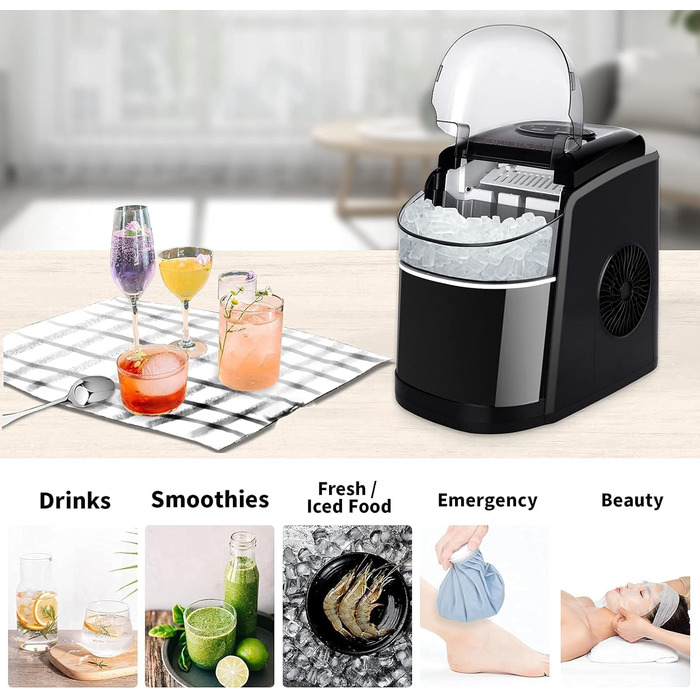 Льодогенератор Eiswürfelmaschine 12 кг/добу, швидке виробництво льоду (6 хв), тихий, з функцією самоочищення, чорний
