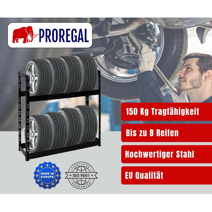 Стійка для шин PROREGAL Tiger: 100x110x35 см, 150 кг навантаження, до 8 шин, 2 яруси, чорний колір