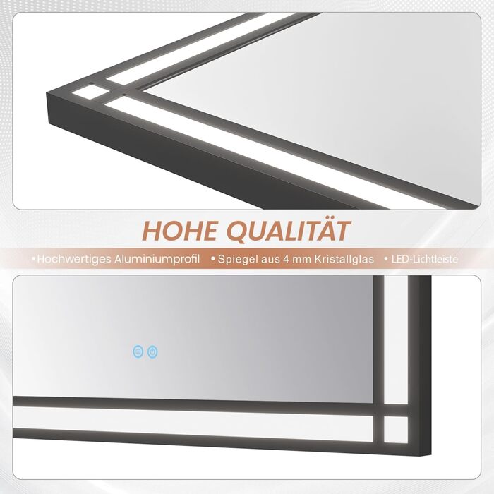 Дзеркало для ванної кімнати AQUABATOS LED з підсвічуванням 50x70 см, імітація вікна, сенсорне регулювання, антизапар, чорний алюмінієвий каркас, індустріальний стиль