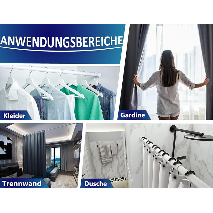 Штанга для душу без свердління 160-210 см, біла, діаметр 32 мм, з кріпленнями - для ванної, кухні та міжкімнатних дверей