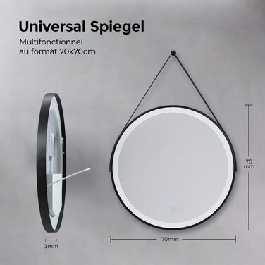 Круглий дзеркало для ванної кімнати з підсвічуванням 60см, LED, диммування, сенсорне керування, чорна рамка, знімне кріплення (70x70см, 6500K холодний білий світ)