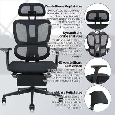 Ергономічне крісло для офісу з підніжкою, висока спинка, 2D підголівник, відкидні підлокітники, сидіння з губки, сітчастий офісний крісло, крісло для начальника, комп'ютерне крісло для дорослих, чорне