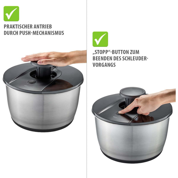 Салатниця GEFU з кришкою для зберігання, 3л, пластикова чаша з вбудованим ситом та ручним приводом, чорно-сіра