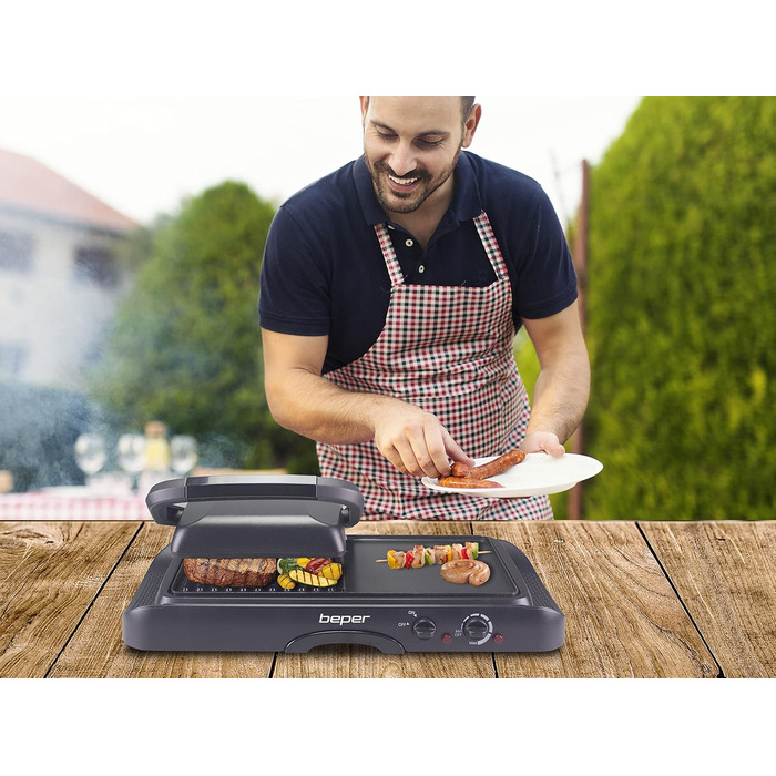 Електрогриль BEPER 90.871 з кришкою, антипригарне покриття, нержавіюча сталь, чорний (1600 Вт)