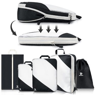 Набір компресійних органайзерів для одягу AiQInu, 5 шт, дорожні сумки-пакувальники з мішком для взуття та білизни, ультралегкі розширювані органайзери для валізи та ручної поклажі (Чорний)