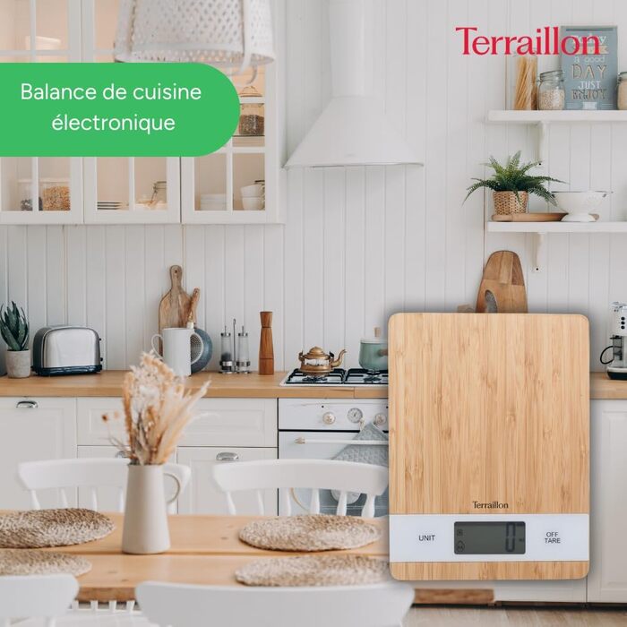 Кухонні ваги TERRAILLON Bamboo з USB-зарядкою, функція Tara, перетворення об'єму, 5 кг, бамбук