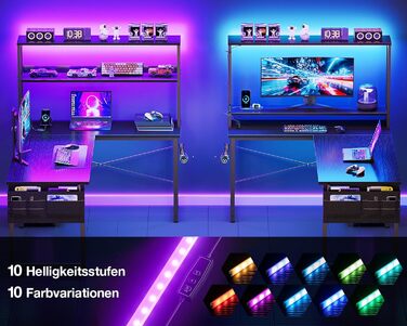 Ігровий стіл Coleshome L-подібної форми з LED підсвічуванням та розетками, 135 × 100 см. Реверсивний стіл з полицями для зберігання, ігровий кутовий стіл з сумкою для дому та геймінгу, чорний (135x100 см)